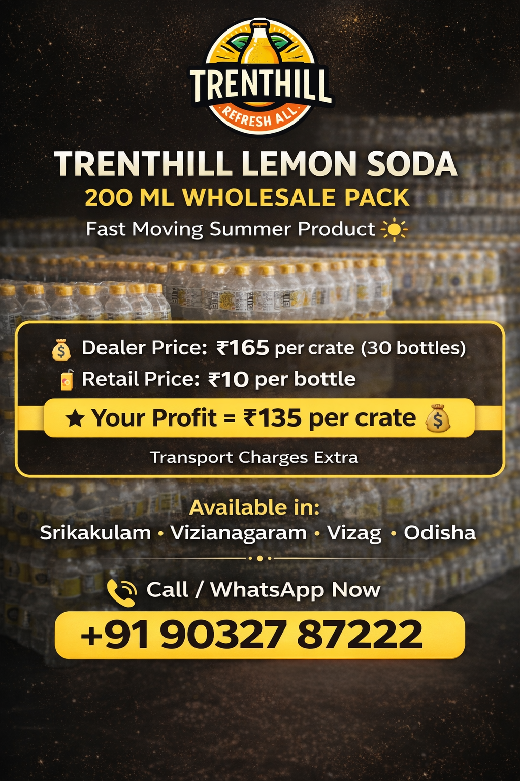 Trenthill Lemon Soda 200ml wholesale soft drink supplier in Srikakulam Vizianagaram Vizag and Odisha dealer price ₹165 per crate